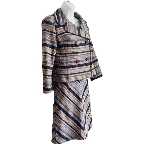 Vintage Purple Blue Tan Striped Tweed Skirt Suit Japanese 90s 6 Cynsia Command - Picture 2 of 16